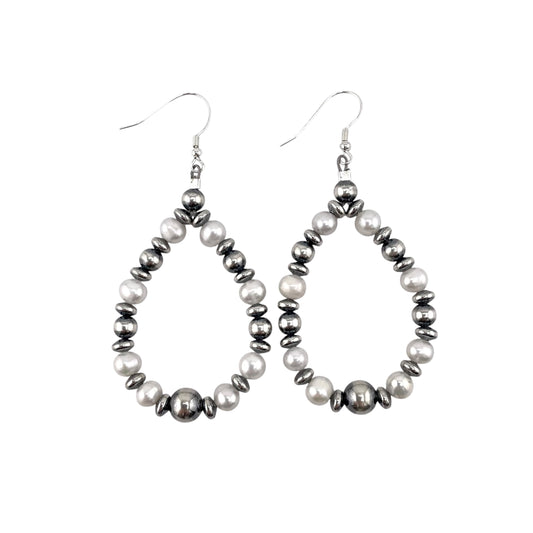 Desert Pearls & White Pearl Bead Tear Drop Dangle Earrings Sterling Silver