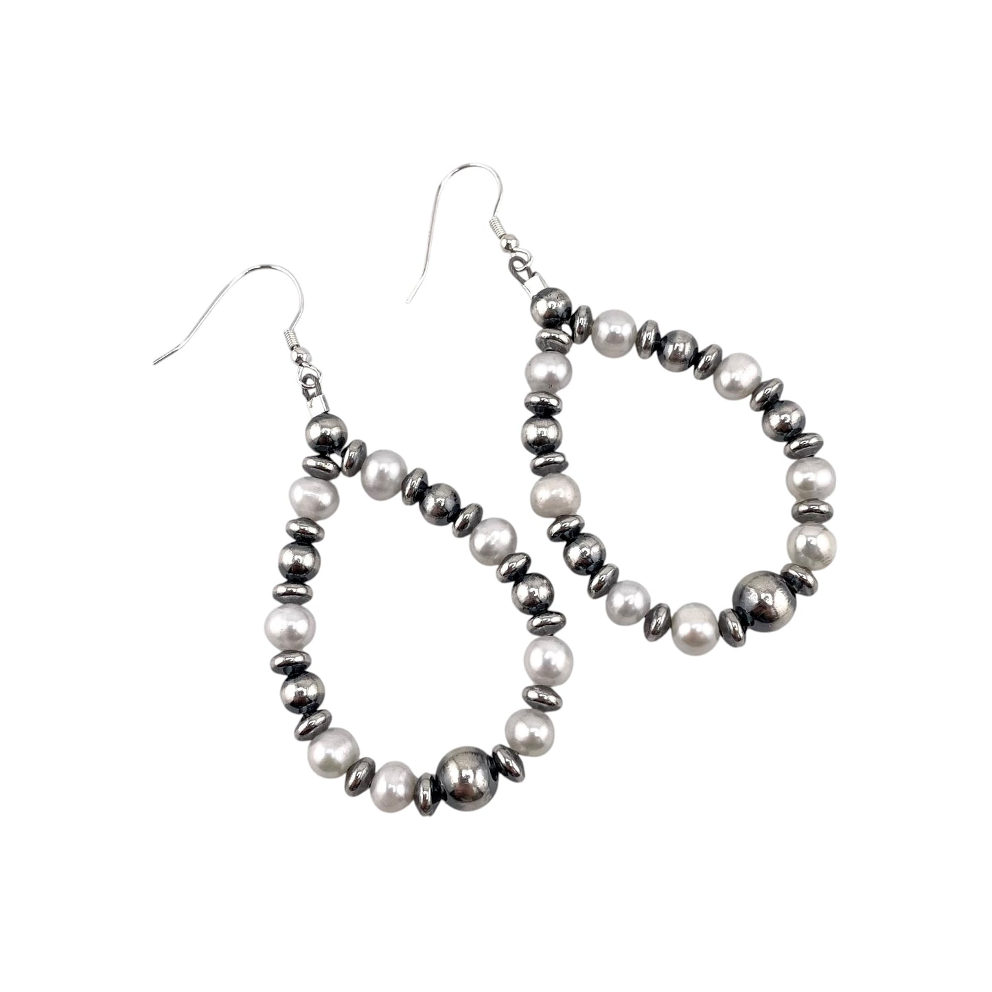 Desert Pearls & White Pearl Bead Tear Drop Dangle Earrings Sterling Silver