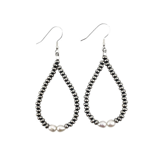 Desert Pearls & White Pearl Saucer Bead Tear Drop Dangle Earrings Silver