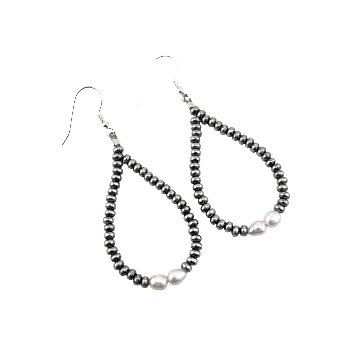 Desert Pearls & White Pearl Saucer Bead Tear Drop Dangle Earrings Silver