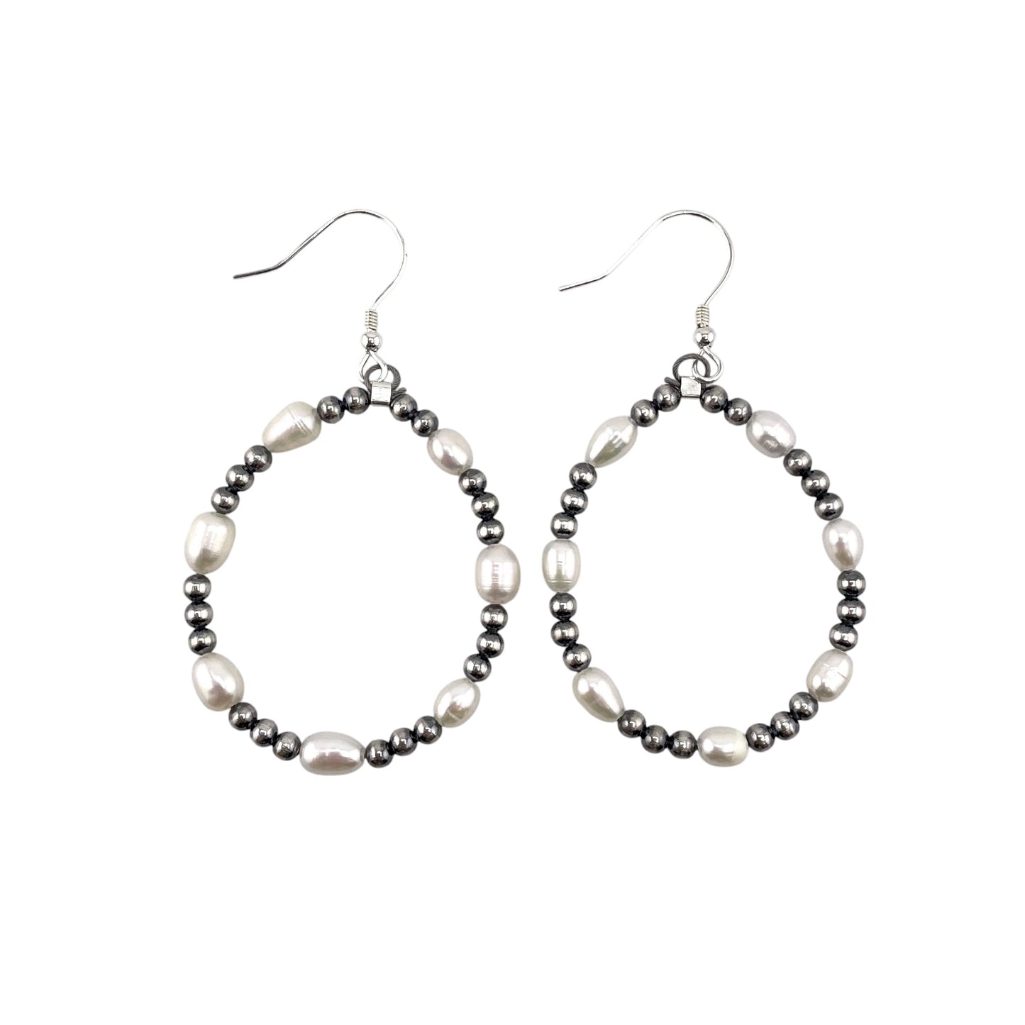 Desert Pearls & White Pearl Bead Hoop Dangle Earrings Silver