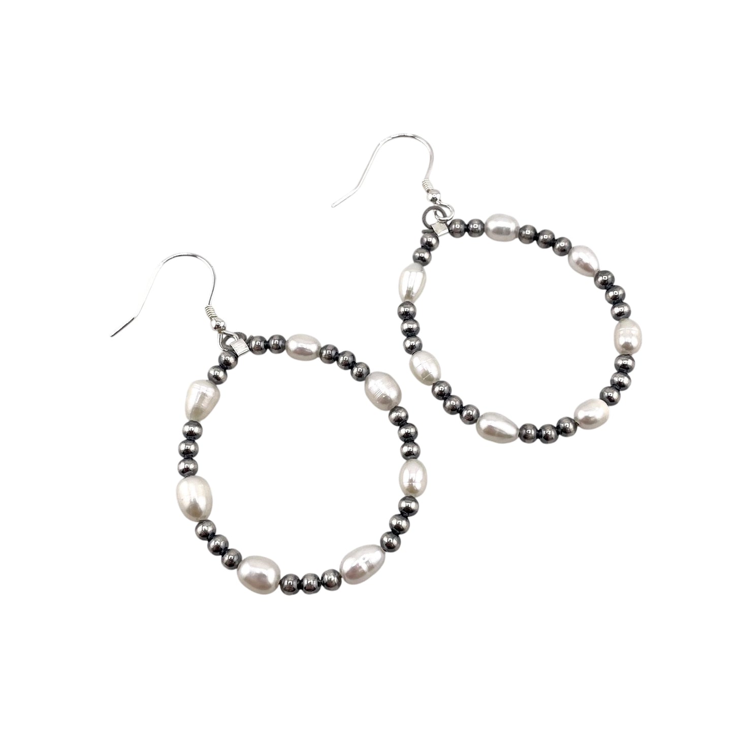 Desert Pearls & White Pearl Bead Hoop Dangle Earrings Silver