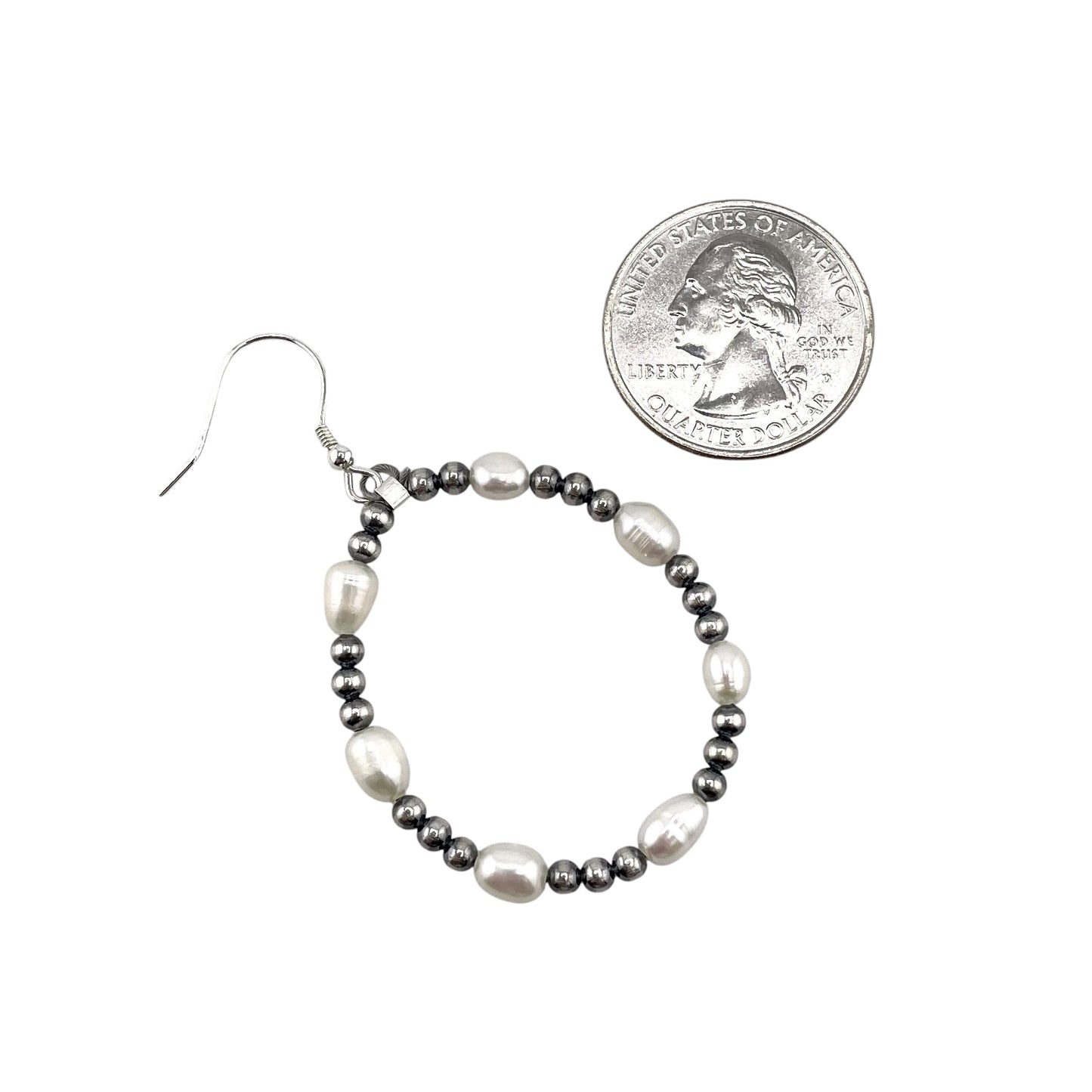 Desert Pearls & White Pearl Bead Hoop Dangle Earrings Silver