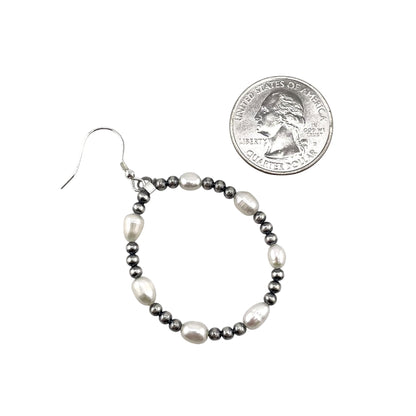 Desert Pearls & White Pearl Bead Hoop Dangle Earrings Silver