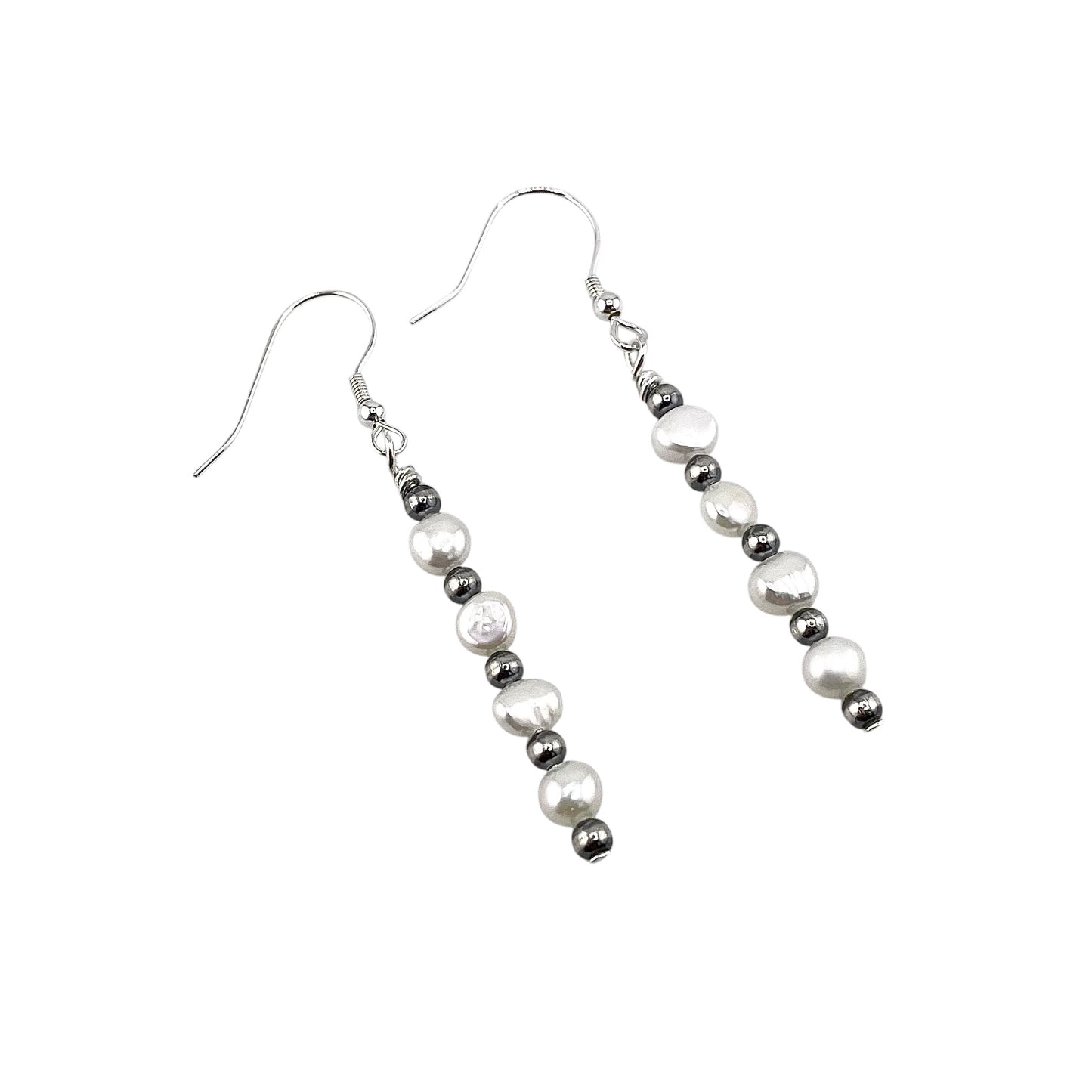 Desert Pearls & White Pearl Bead Stick Dangle Earrings Sterling Silver