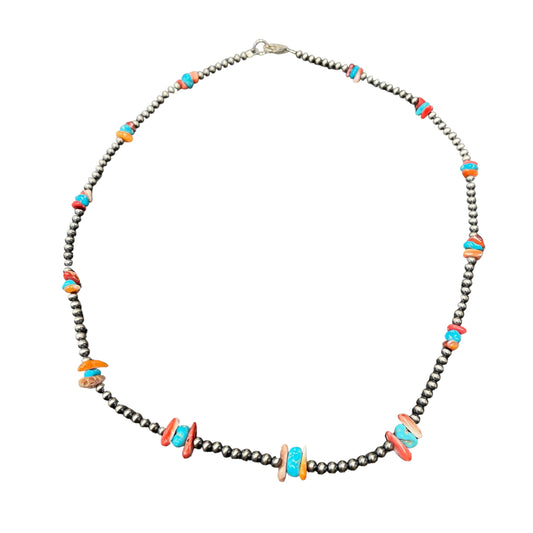 Turquoise & Spiny Oyster Desert Pearl Bead Necklace Sterling Silver