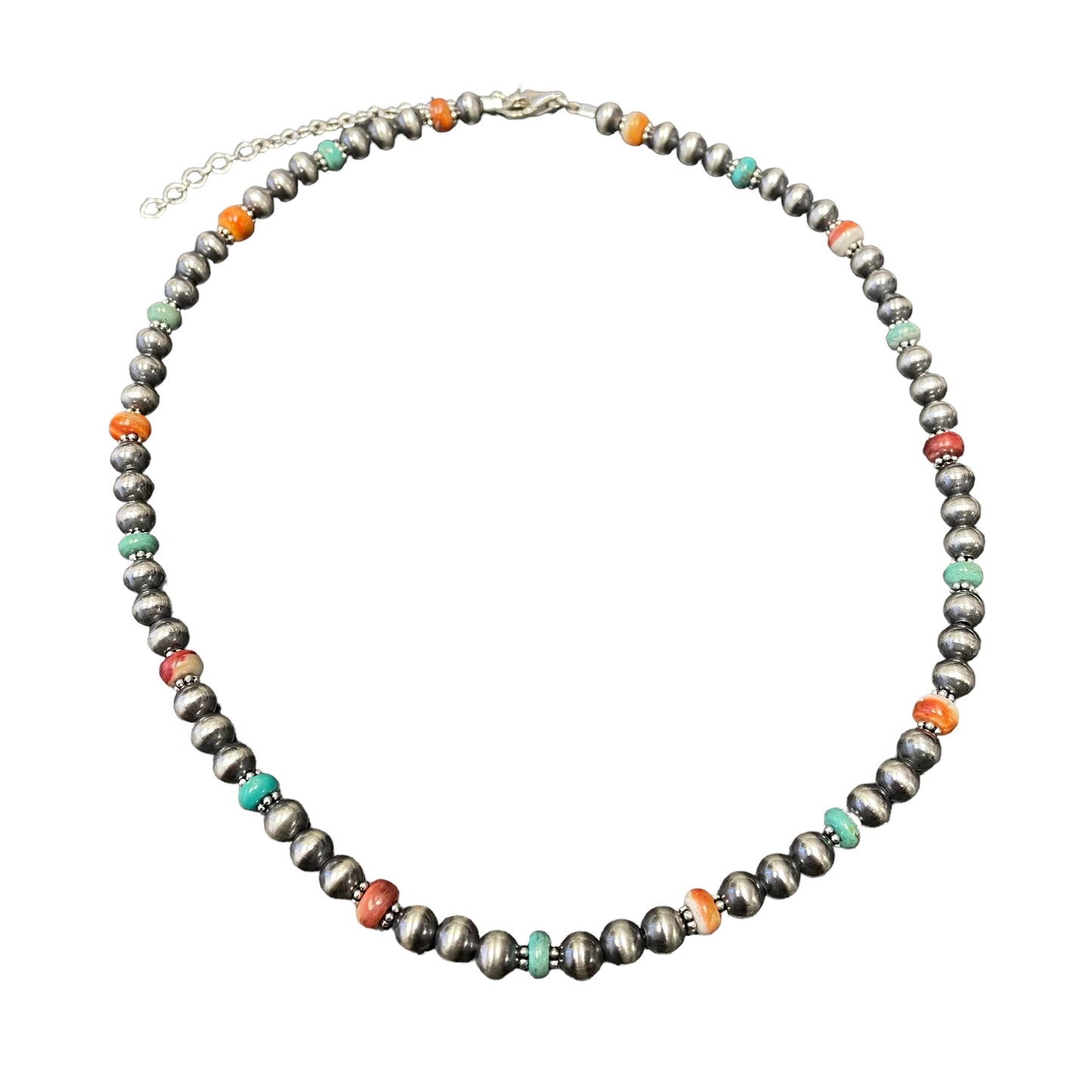 Turquoise & Spiny Oyster Desert Pearl Bead Necklace Sterling Silver