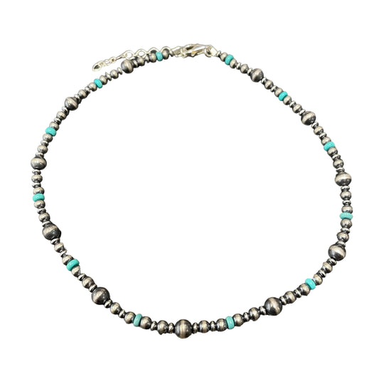 Blue Turquoise Desert Pearl Bead Necklace Sterling Silver