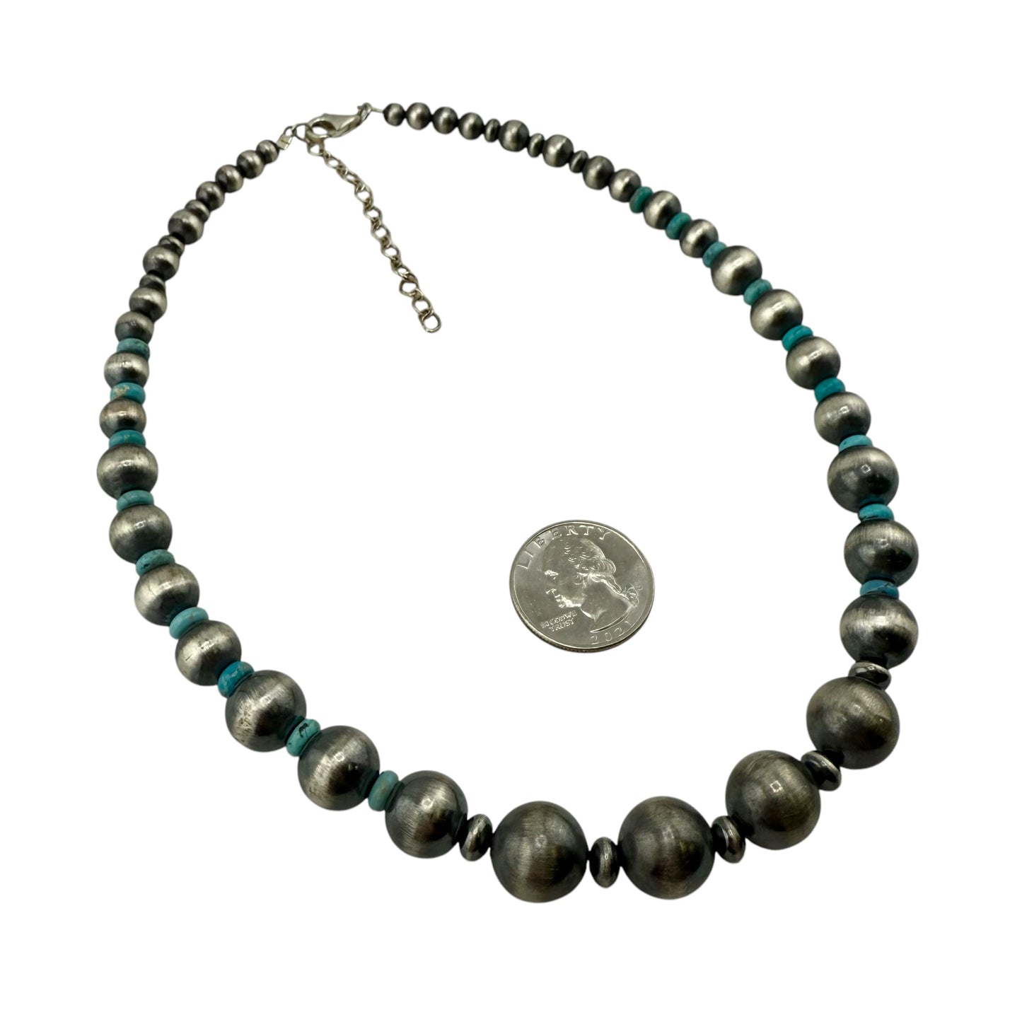 Blue Turquoise Desert Pearl Graduated Bead Necklace Sterling Silver