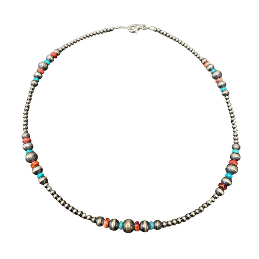 Turquoise & Spiny Oyster Desert Pearl Bead Necklace Sterling Silver