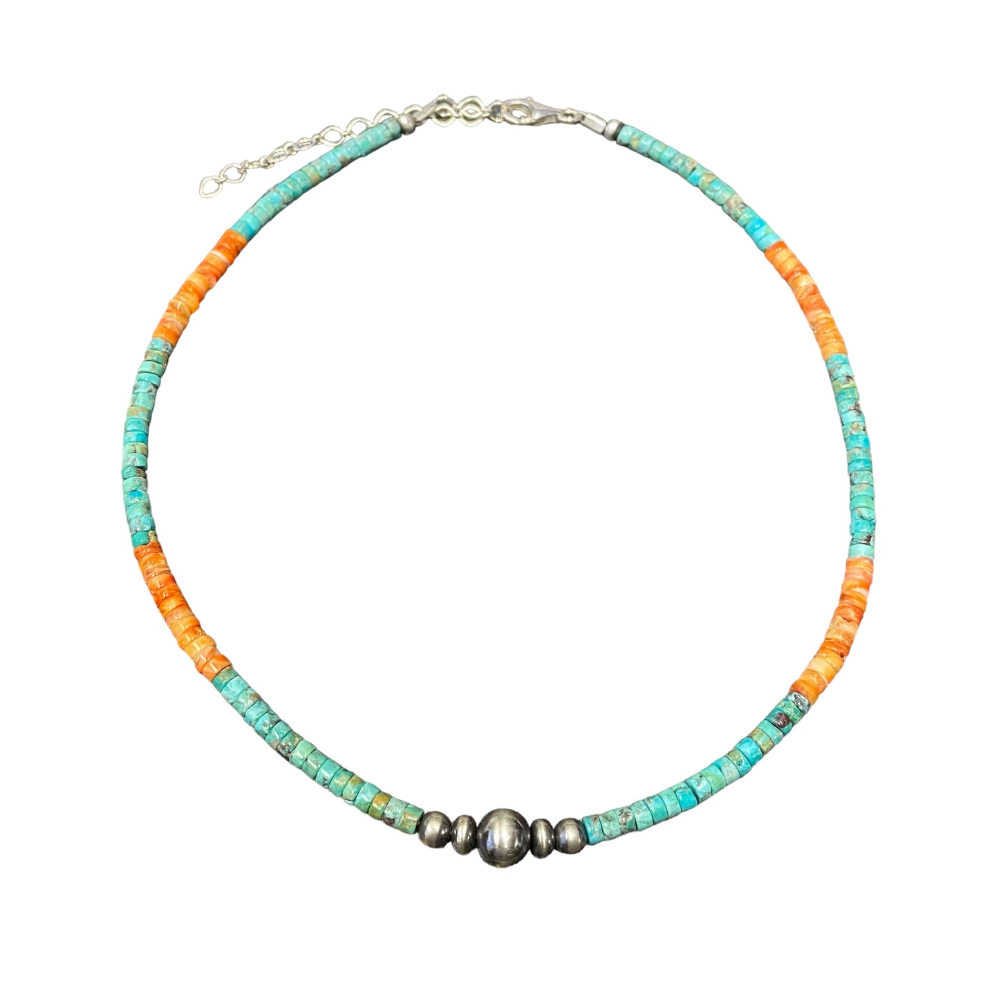 Turquoise & Spiny Oyster Desert Pearl Bead Necklace Sterling Silver