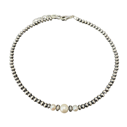 White Pearl & Desert Pearls 3 Bead Oxidized Necklace Sterling Silver