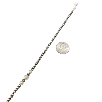 White Pearl & Desert Pearls 3 Bead Oxidized Necklace Sterling Silver