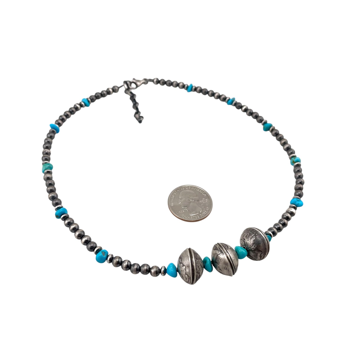 Desert Pearls & 3 Mercury Dime Coin Turquoise Necklace Sterling Silver 18" + 2"