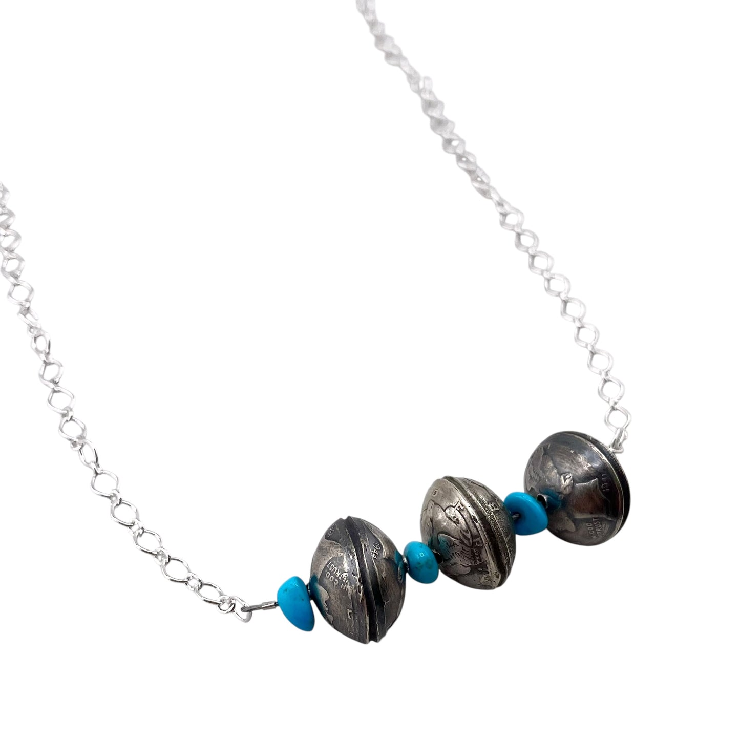 3 Mercury Dime Coin Turquoise Bar Necklace Sterling Silver