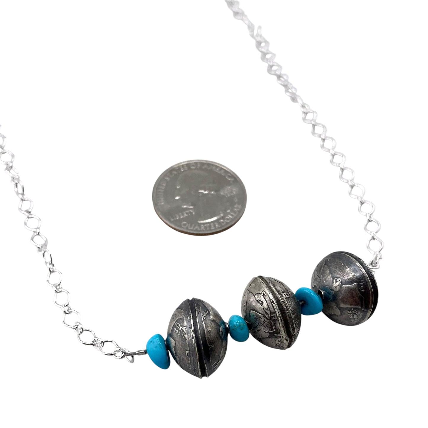 3 Mercury Dime Coin Turquoise Bar Necklace Sterling Silver