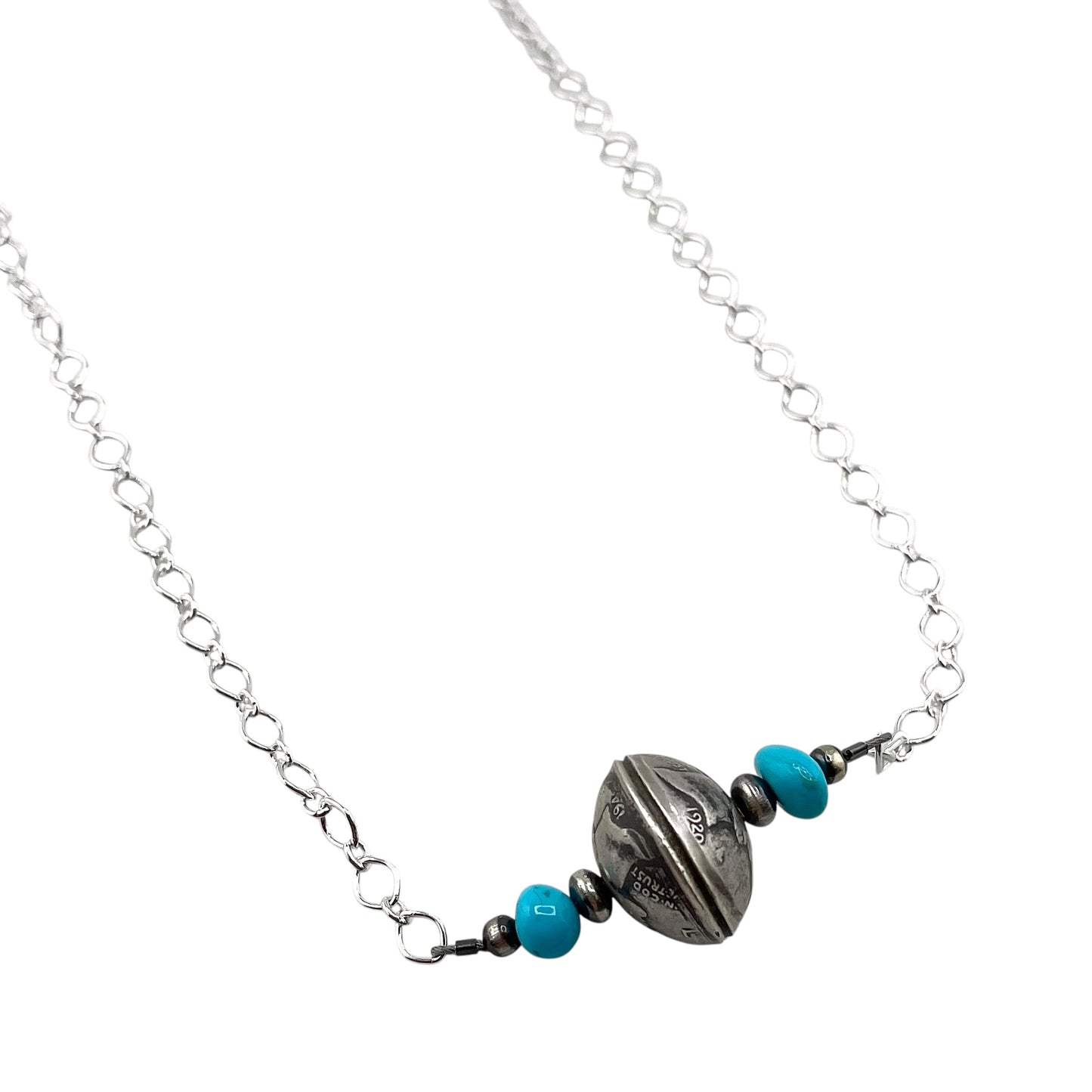 Desert Pearls Mercury Dime Coin Turquoise Bar Necklace Sterling Silver