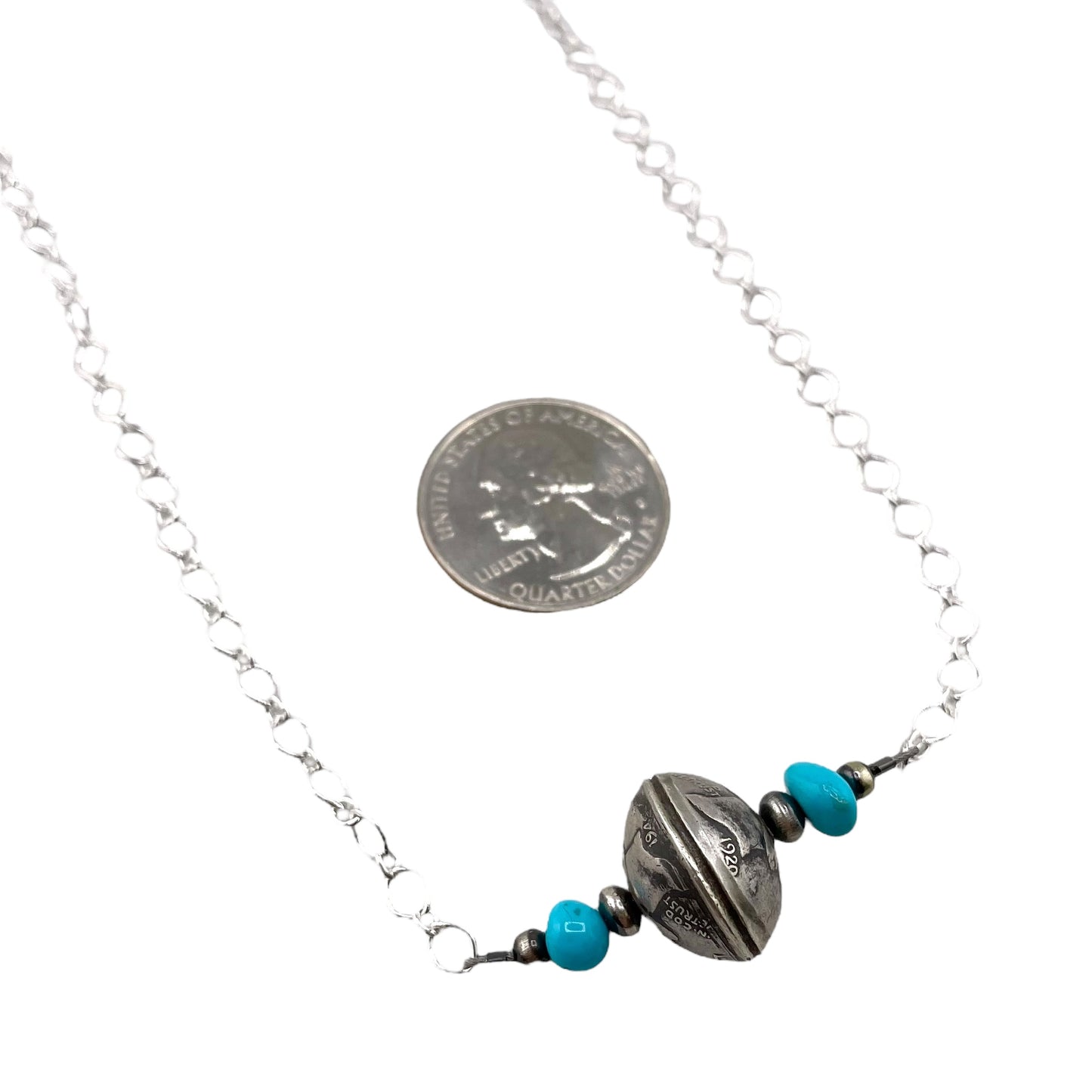 Desert Pearls Mercury Dime Coin Turquoise Bar Necklace Sterling Silver