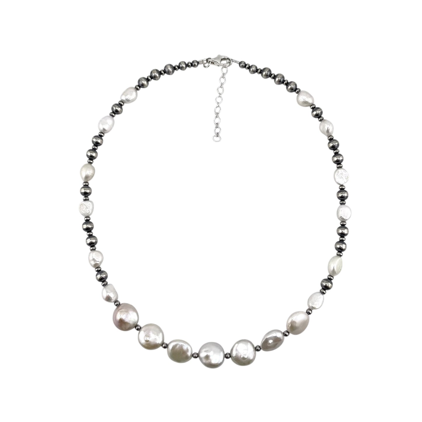 Desert Pearls & White Pearls Coin Bead Necklace Sterling Silver