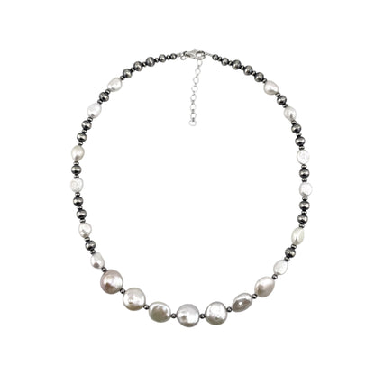 Desert Pearls & White Pearls Coin Bead Necklace Sterling Silver
