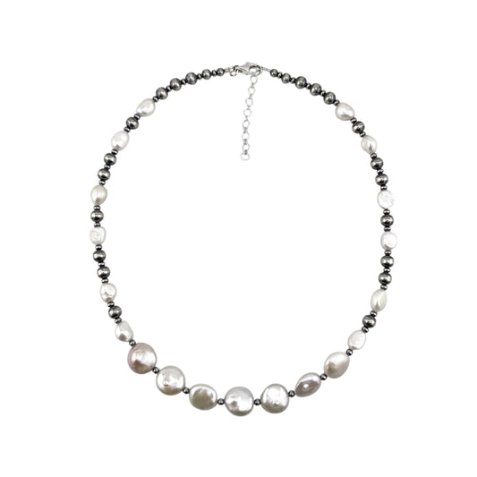 Desert Pearls & White Pearls Coin Bead Necklace Sterling Silver
