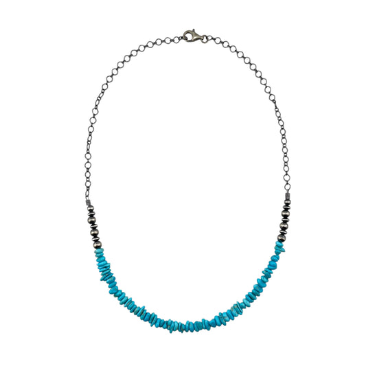 Desert Pearls & Blue Turquoise Bead Chain Choker Necklace Sterling Silver