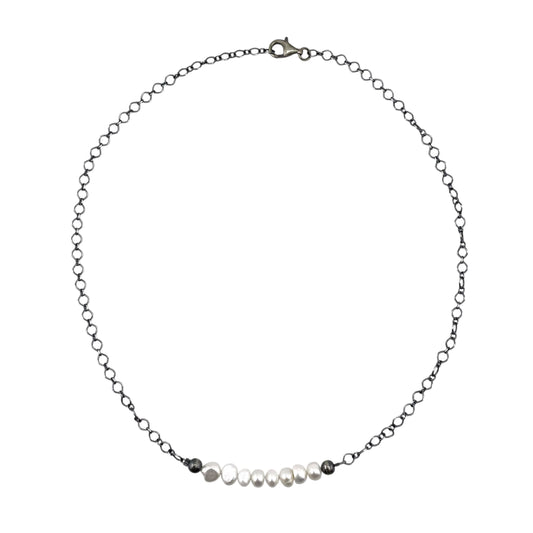 Desert Pearls & White Pearls Bead Chain Bar Choker Necklace Silver