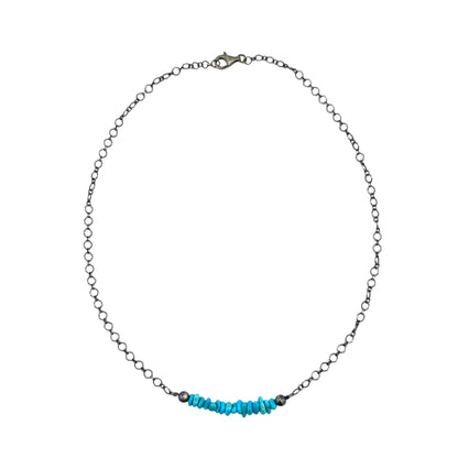 Desert Pearls & Blue Turquoise Bead Chain Bar Choker Necklace Silver