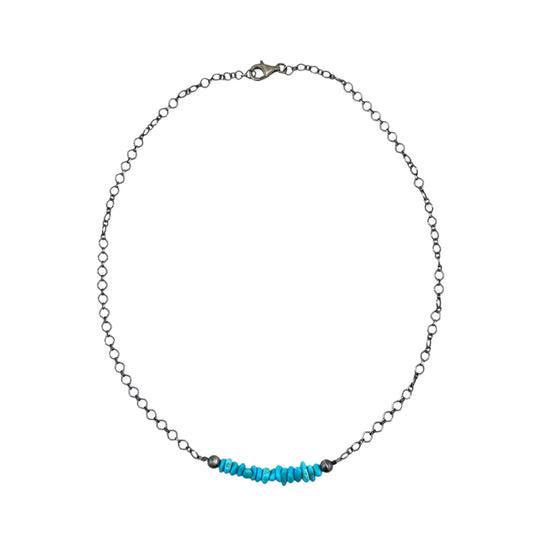 Desert Pearls & Blue Turquoise Bead Chain Bar Choker Necklace Silver