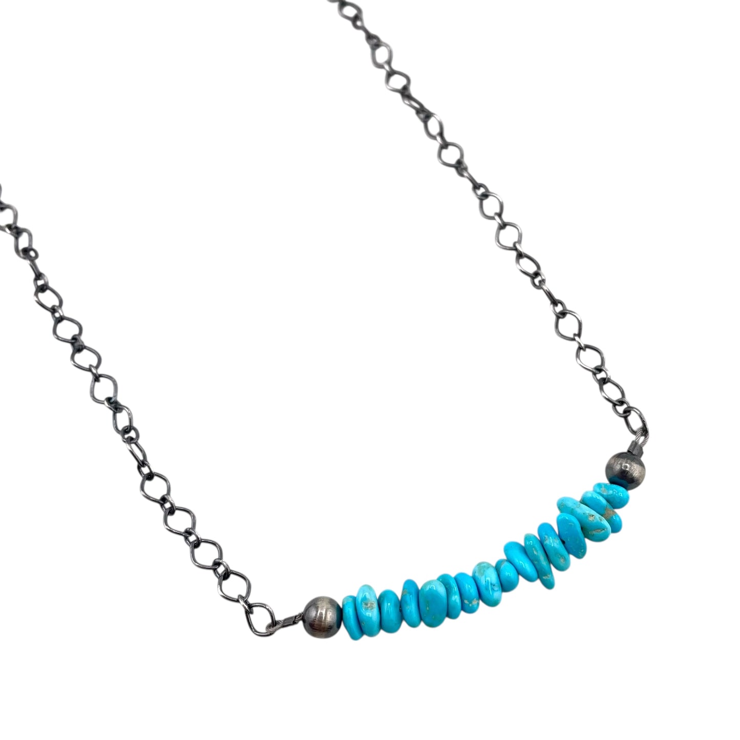 Desert Pearls & Blue Turquoise Bead Chain Bar Choker Necklace Silver