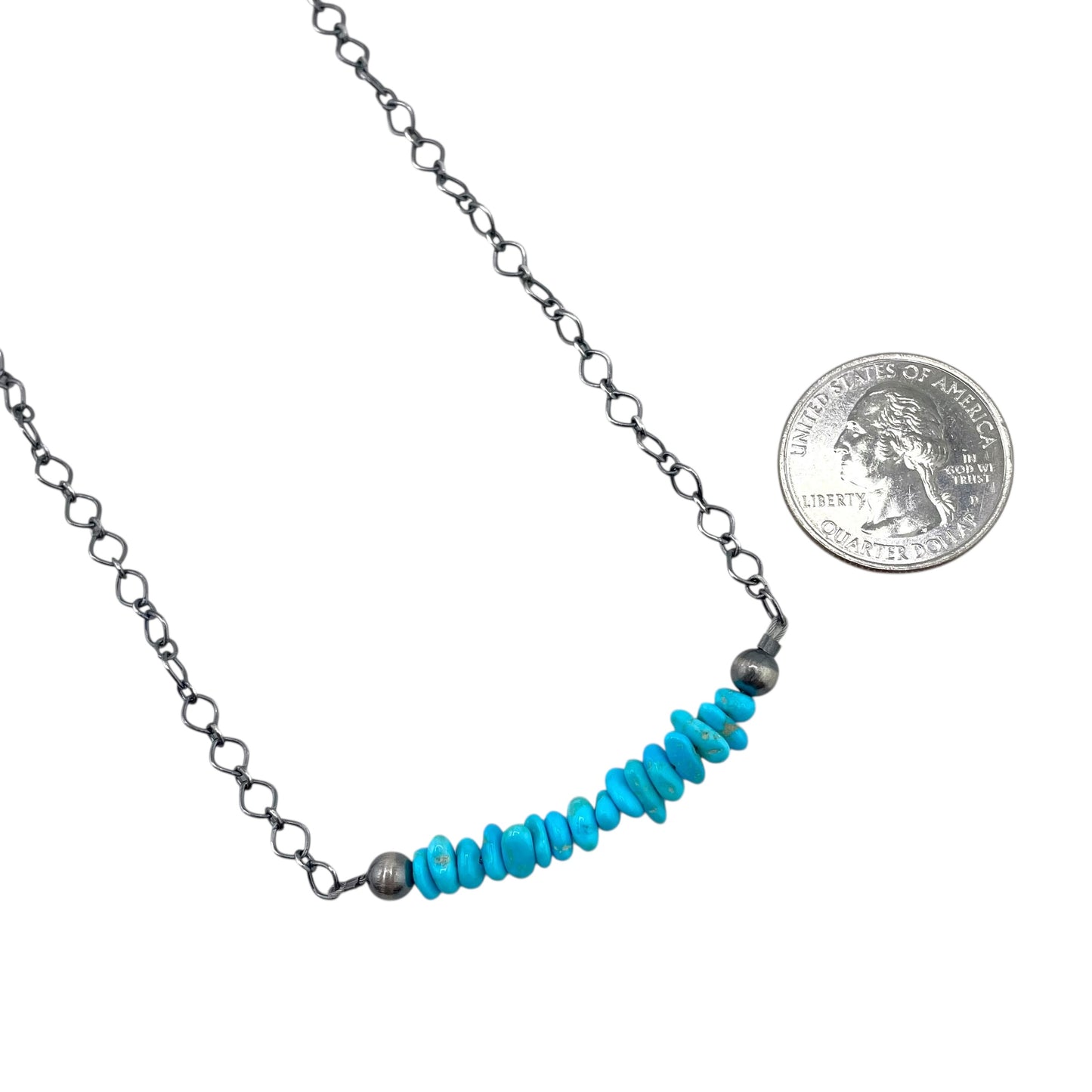 Desert Pearls & Blue Turquoise Bead Chain Bar Choker Necklace Silver