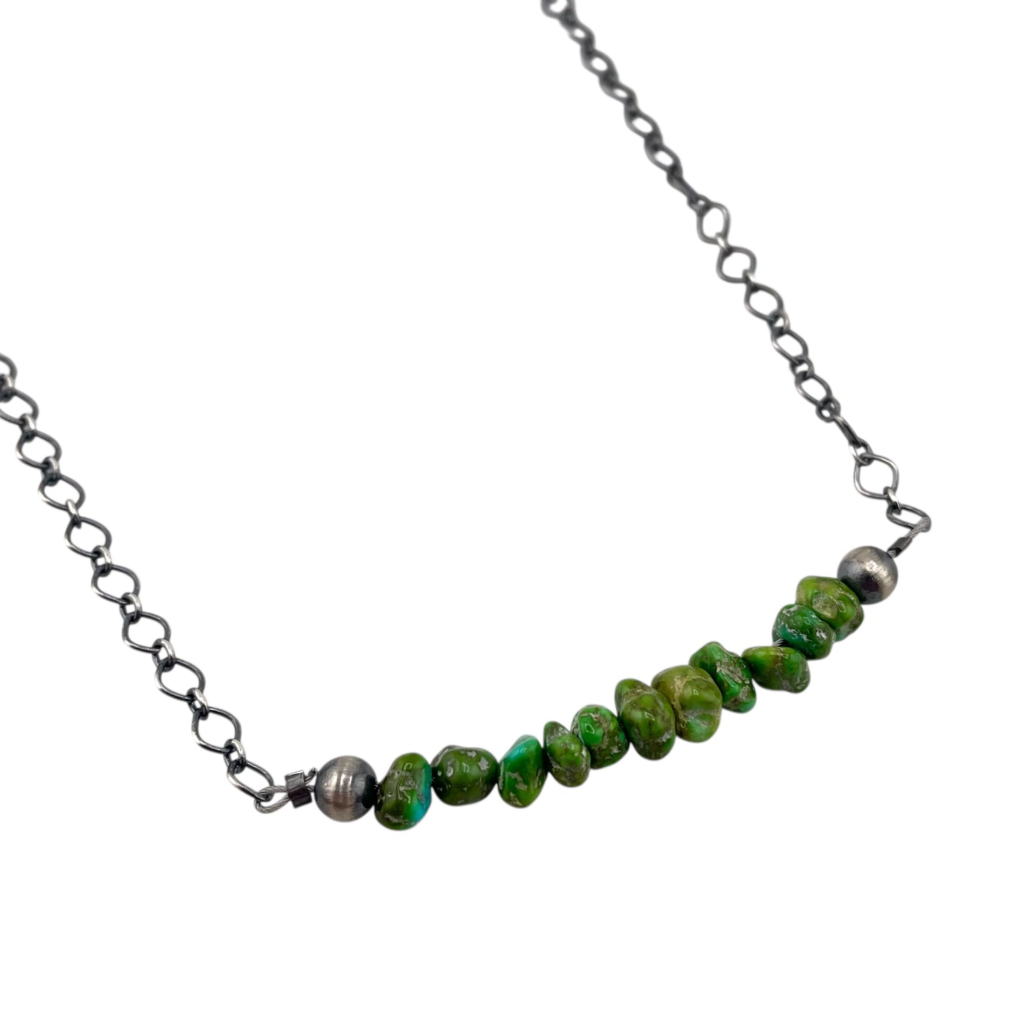 Desert Pearls & Sonoran Gold Turquoise Bead Chain Bar Choker Necklace Silver