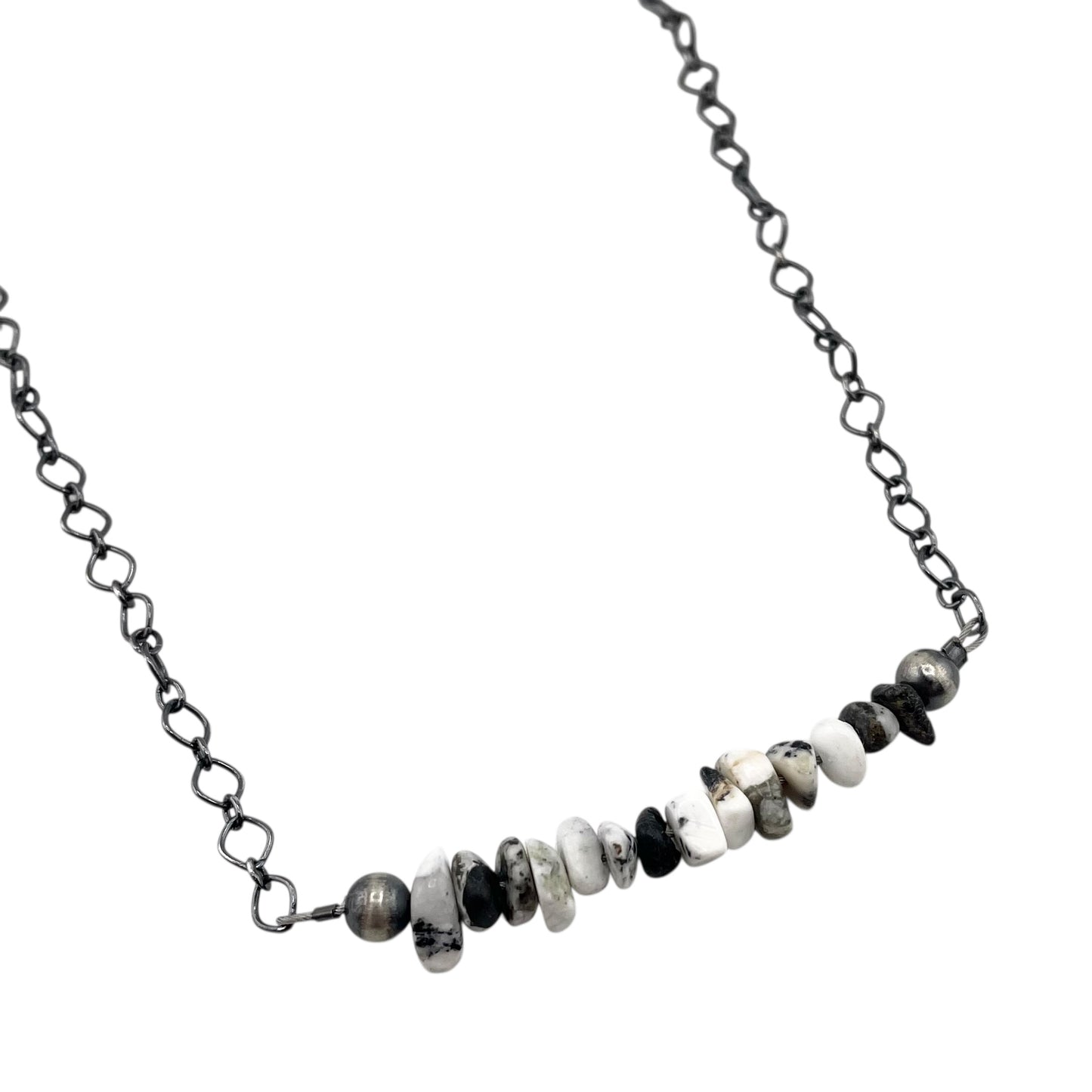 Desert Pearls & White Buffalo Bead Chain Bar Choker Necklace Silver