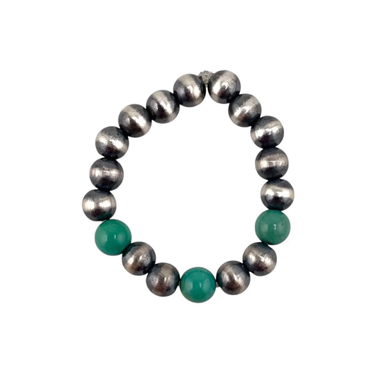 Green Turquoise Desert Pearl 3 Bead 4mm Stretch Ring Sterling Silver
