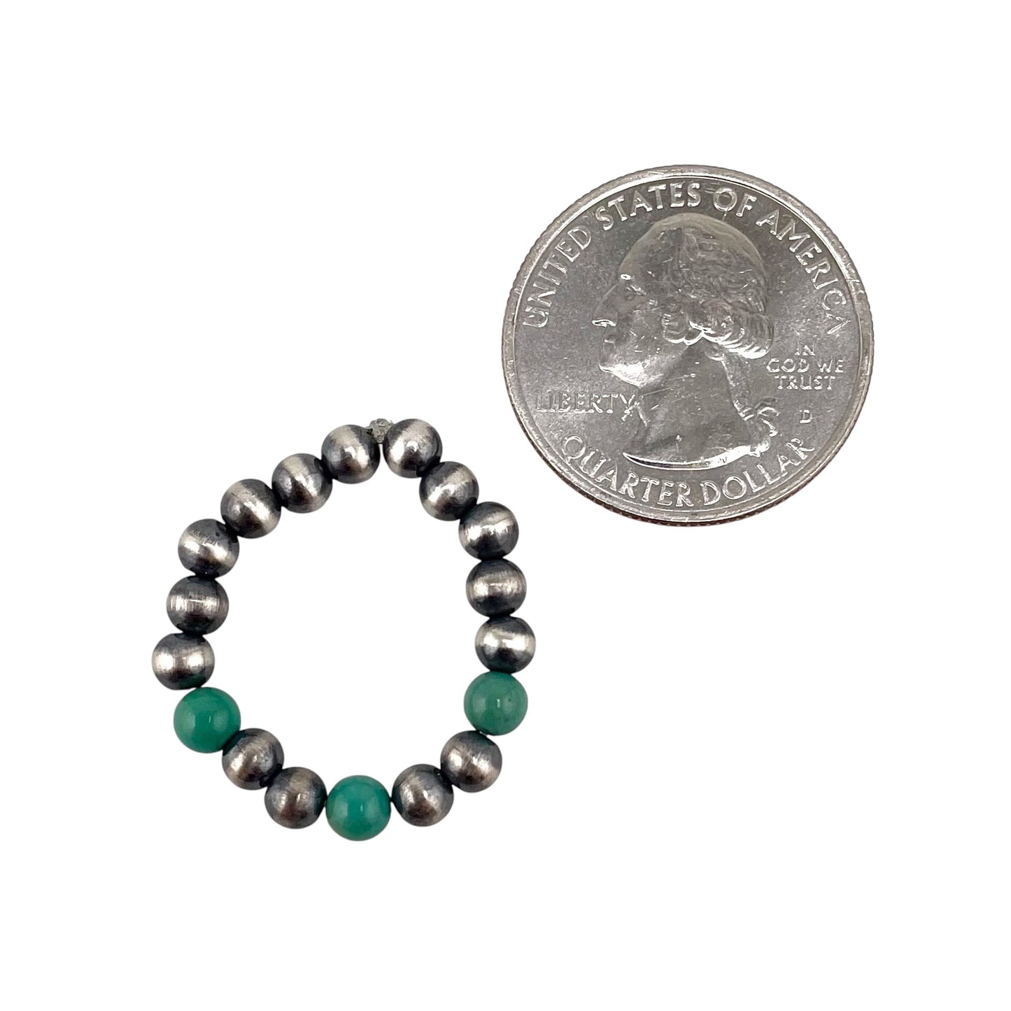 Green Turquoise Desert Pearl 3 Bead 4mm Stretch Ring Sterling Silver