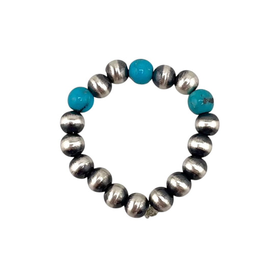 Desert Pearl 3 Blue Turquoise Bead 4mm Stretch Ring Sterling Silver