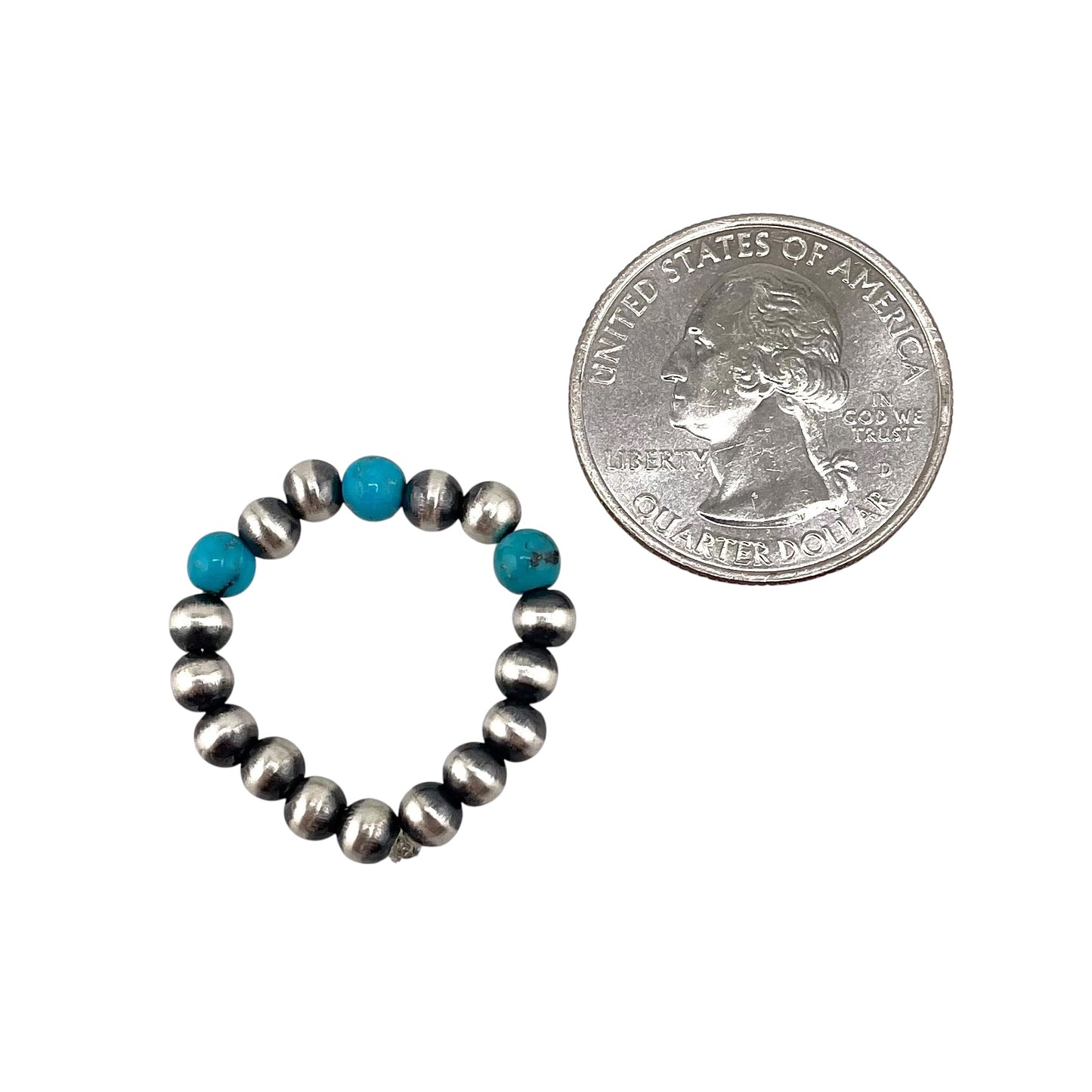 Desert Pearl 3 Blue Turquoise Bead 4mm Stretch Ring Sterling Silver