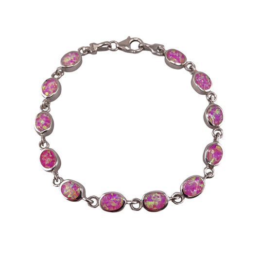 Pink Lab Opal 6mm Oval Link Bracelet Sterling Silver