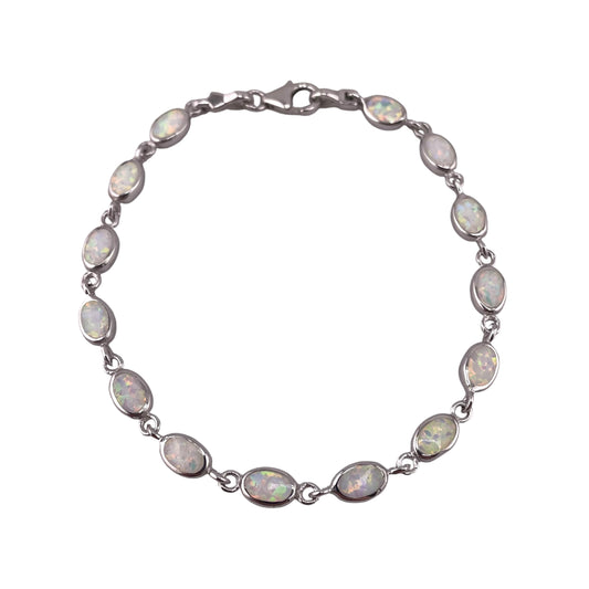 White Lab Opal 5mm Oval Link Bracelet Sterling Silver