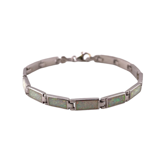White Lab Opal 5mm Rectangle Link Bracelet Sterling Silver