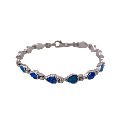 Blue Lab Opal 5.5mm Tear Drop Link Bracelet Sterling Silver