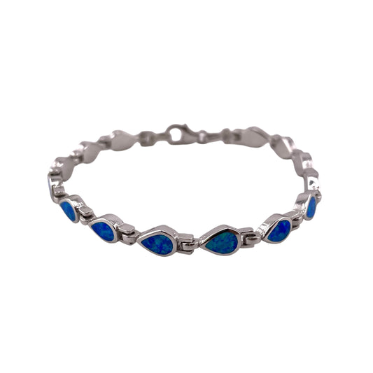 Blue Lab Opal 5.5mm Tear Drop Link Bracelet Sterling Silver