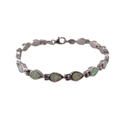 White Lab Opal 5.5mm Tear Drop Link Bracelet Sterling Silver