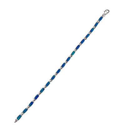 Blue Lab Opal 4mm Rectangle Link Bracelet Sterling Silver