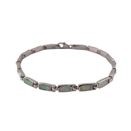 White Lab Opal 4mm Rectangle Link Bracelet Sterling Silver