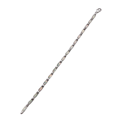 White Lab Opal 4mm Rectangle Link Bracelet Sterling Silver