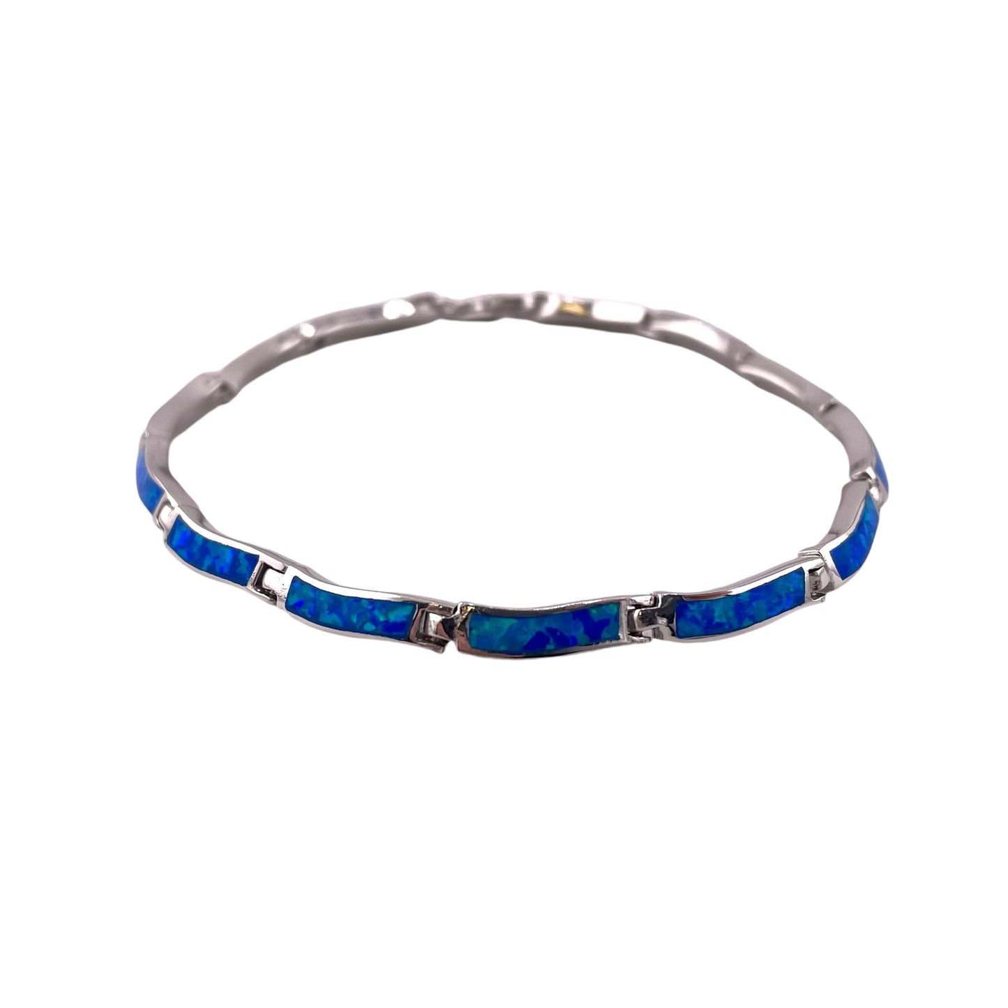 Blue Lab Opal 4mm Wavy Rectangle Link Bracelet Sterling Silver