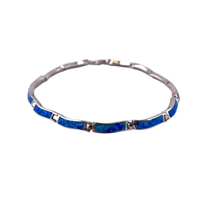Blue Lab Opal 4mm Wavy Rectangle Link Bracelet Sterling Silver