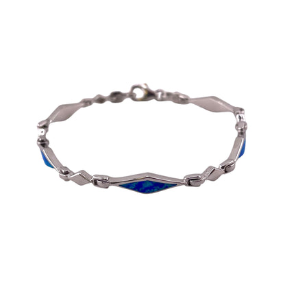 Blue Lab Opal 5mm Diamond Link Bracelet Sterling Silver