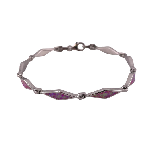 Pink Lab Opal 5mm Diamond Link Bracelet Sterling Silver